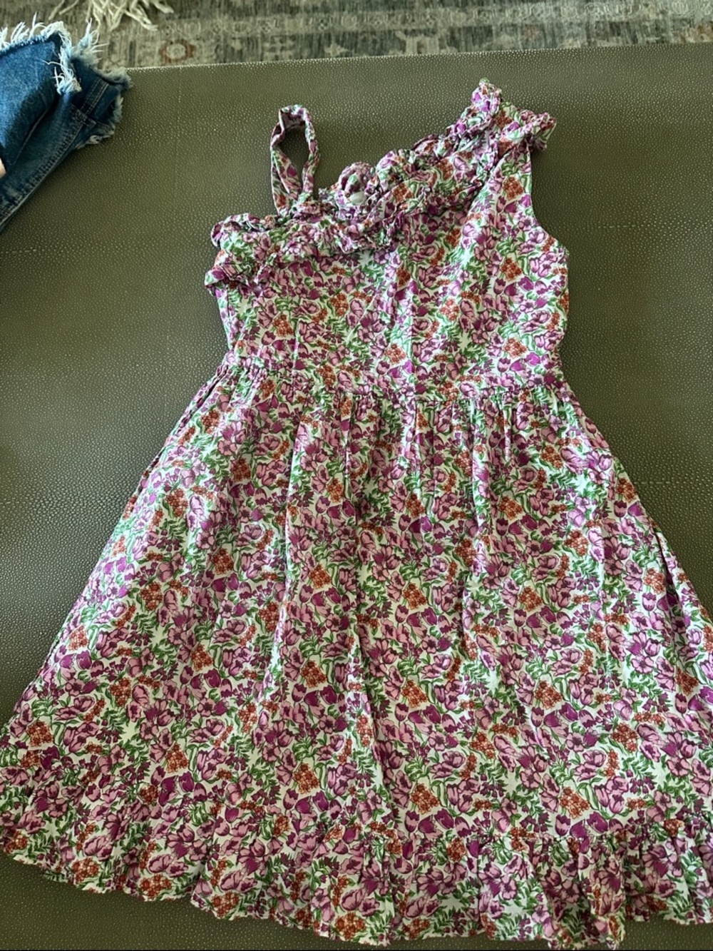 Janie and Jack Purple Floral One-Shoulder Dress with Green Leaves